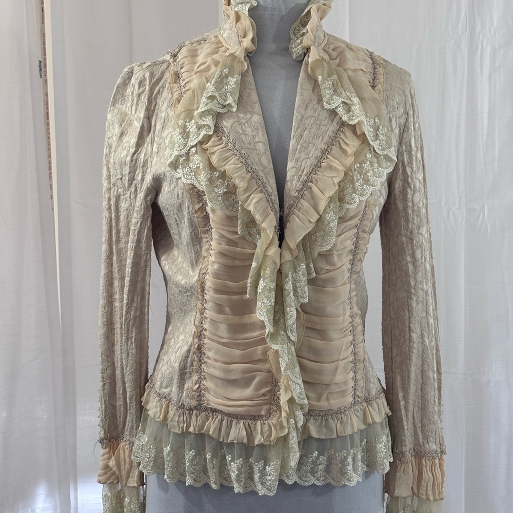 Vintage Elegant Women’s Sz L Alberto Makali Crean Embroidered Lace Blouse/Jacket